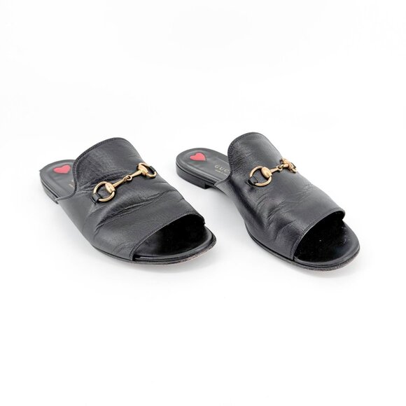 Gucci Princetown Horsebit Open Toe Mule EU 37.5 US 7.5 Black Leather Flat Sandal